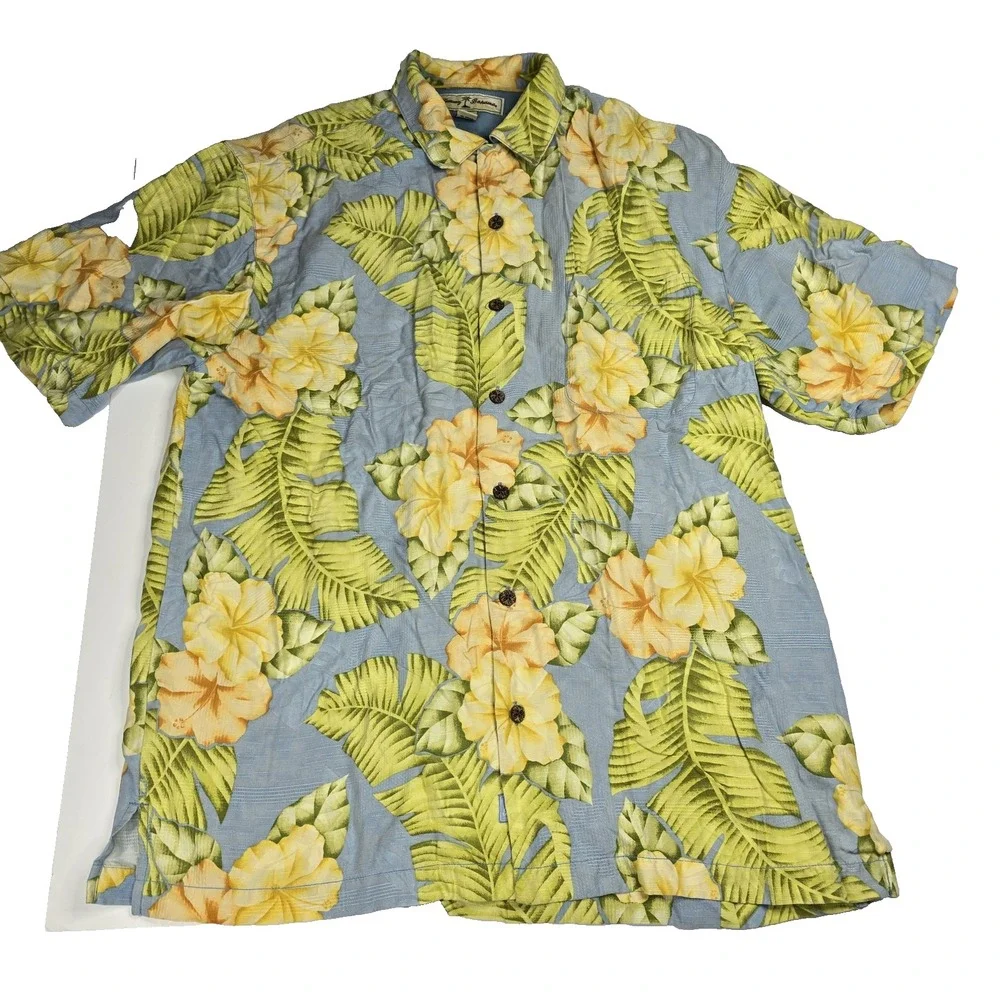 Tommy Bahama Shirt Mens Small Blue‎ Yellow Silk Floral Hawaiian Button Up Summer